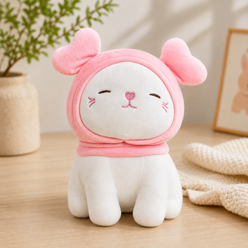Pink Cat Plush with Bunny Hood – Kawaii Soft Stuffed Toy (27cm)